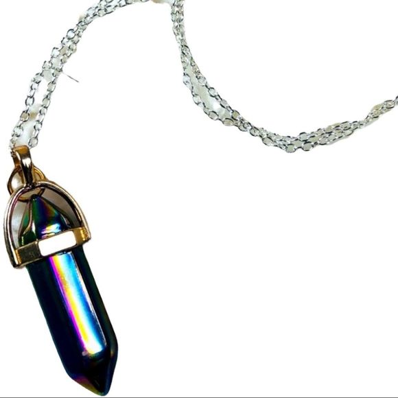 Rainbow titanium aura quartz double hex stone pendant on silver chain - Picture 2 of 3